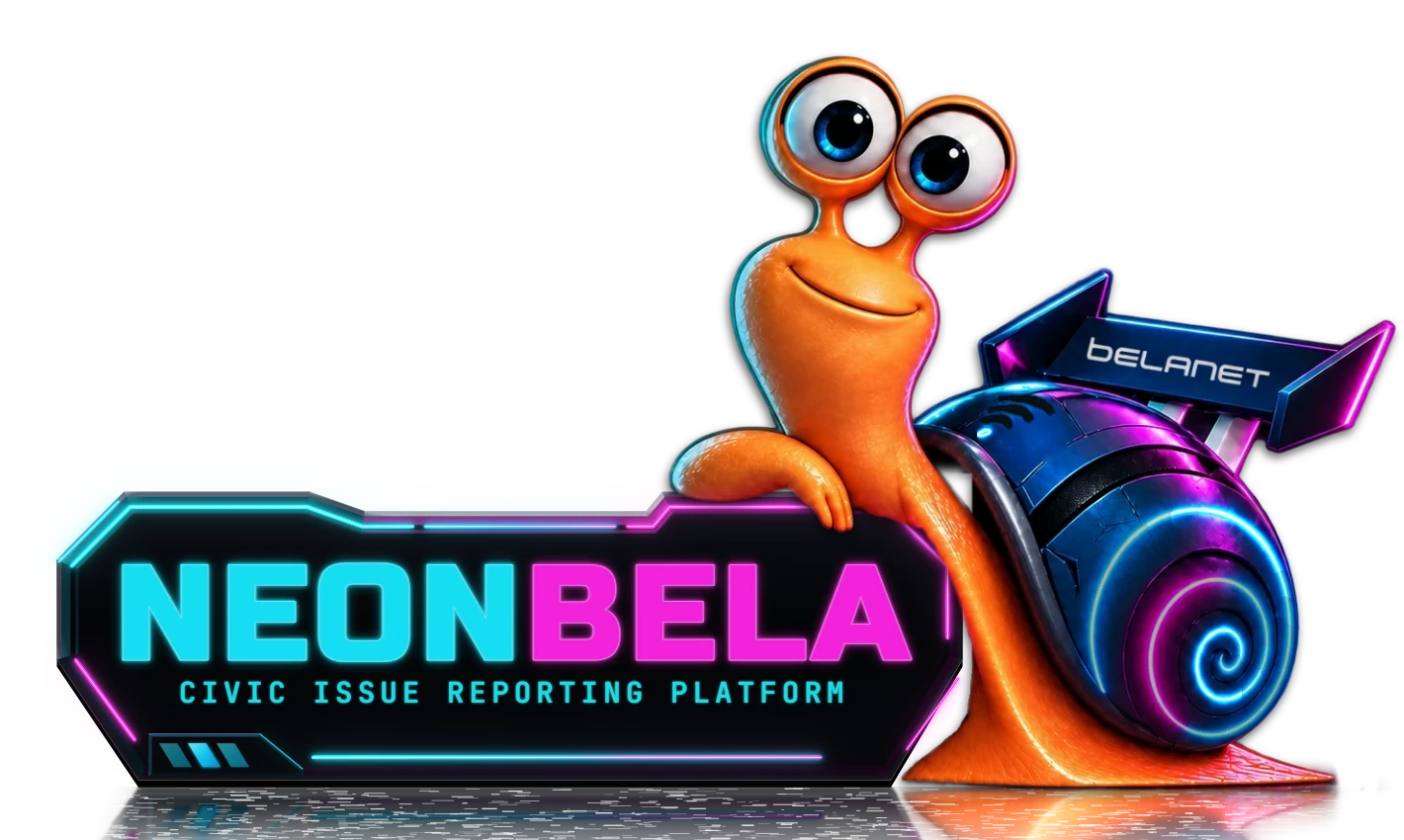 Belanet's racing snail leaning on the NeonBela sign, a wifi signal glowing on its shell